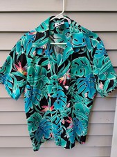 VTG Hilo Hattie Hawaiian Shirt Mens XL Blue Black Birds Of Paradise Made in USA