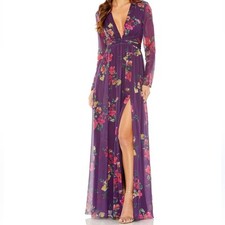 Mac Duggal Size 2 Purple floral maxi Gown with Slit and Bishop Sleeves