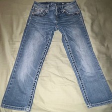 Miss Me Peace Sign Capri Jeans Mid Rise Embroidered Medium Wash Womens 25