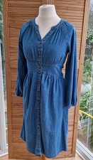 TU Fit & Flare Denim Midi Dress, Button-Through Front & Balloon Sleeves UK 10