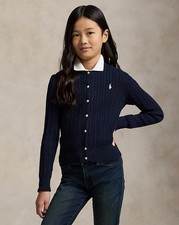 POLO RALPH LAUREN Mini-Cable Cotton Cardigan in Hunter Navy - Girls Size XL / 16