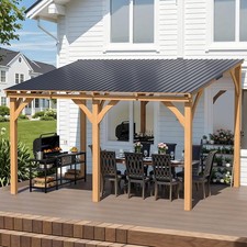 Lean-to Hardtop Cedar Wood Gazebo, Wall Mounted Pergola for Patio & Backyard