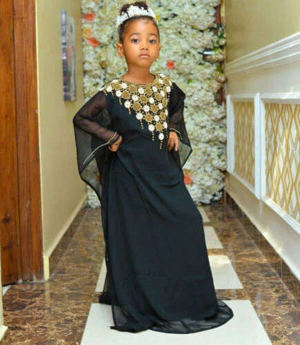 Vestido Marroquí Niñas Abaya Marroquí Festivo Negro Caftán Jilbab Niños Kaftan Foto 2 de 4