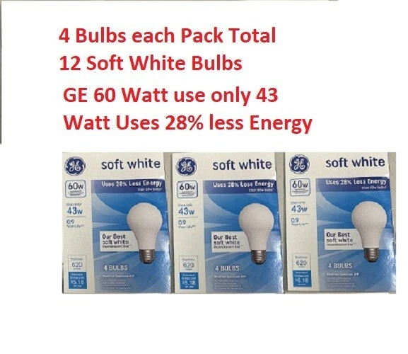 GE 60 Watt A19 Soft White Dimmable 620 Lumens of 12 Basic Bulbs 3 Pack each 4Pcs