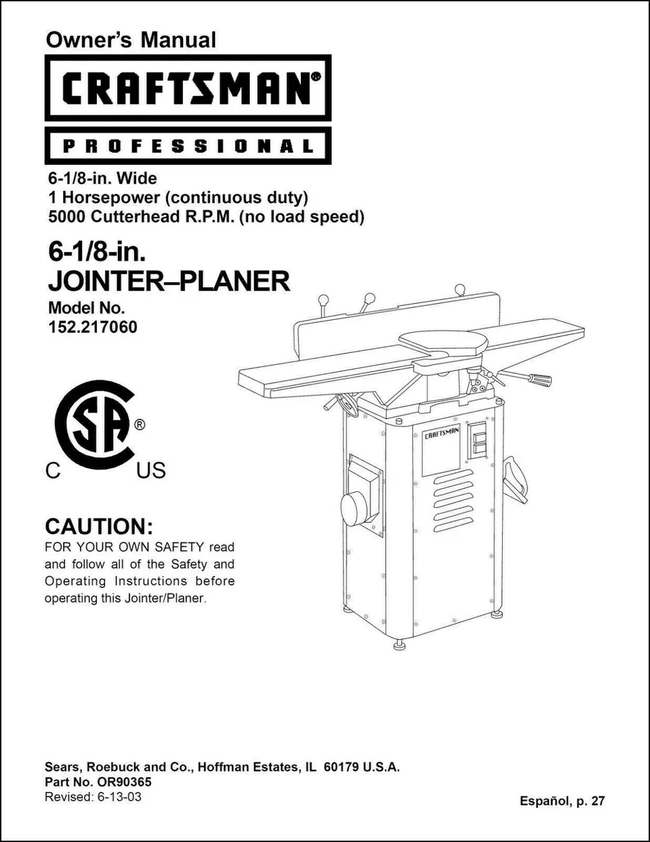 Operator s Manual Fits Craftsman 6 1 8 inch Jointer Printed Manual