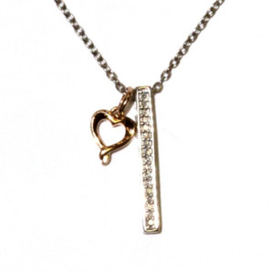 925 10k rose gold .06ct SI2 H diamond bar with heart pendant necklace 2.6g 18"
