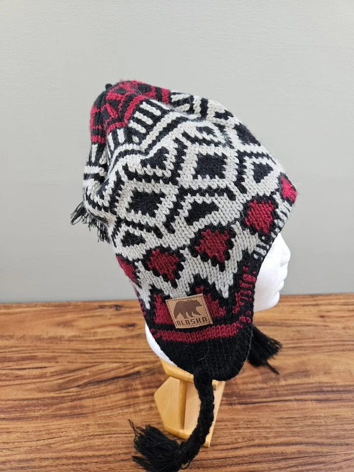 Alaska Knit Winter Beanie Ski Hat Tie Ear Flaps Black Red & White Snow Hiking - Image 2 of 4