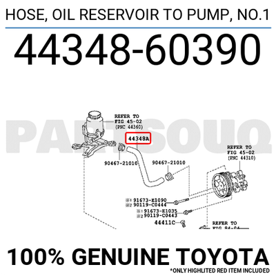 4434860390 Genuine Toyota HOSE, OIL RESERVOIR TO PUMP, NO.1 44348 