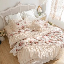 Romantic Bedding Set 100 Cotton Rose Print Princess Ruffles Duvet Cover Bedroom