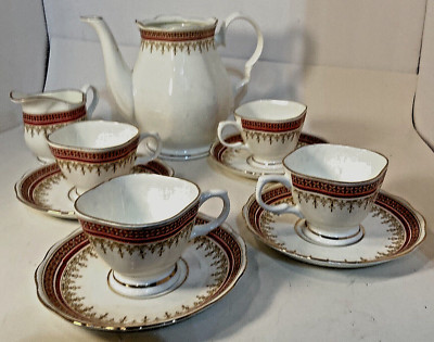 Heritage Fine Bone China 10 Piece Tea Set Burgundy, Red & Gold Trim filigree