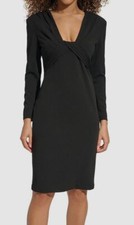 Calvin Klein Women's Black Scuba Crepe Pleated V Neck Sheath Dress Size 4