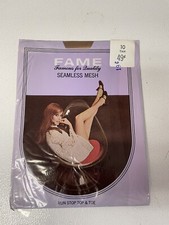 Vintage Fame Sheer Seamless Mesh Nylon Stockings Tan Size 10 NOS