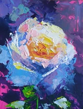 acrylic painting on panel original hand made art with white flower on dark blue