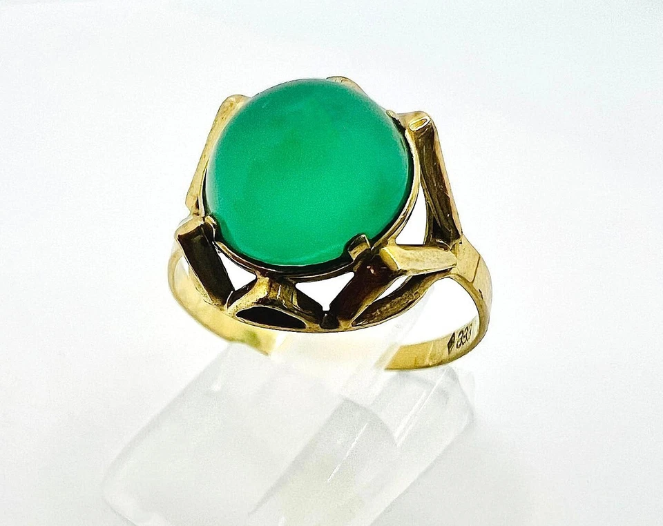 Vintage Ring 333 Gold mit grünem Chalcedon Cabochon, Größe 62/ 10 Chalzedon - Bild 2 von 4