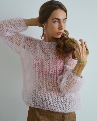 Light pink mohair sweater, Chunky knit 
