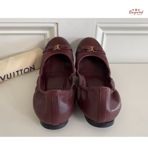 Authentic Louis Vuitton Maroon Leather Reptile Toe Bow Scrunch Ballet Flats 36.5 - Picture 8 of 10