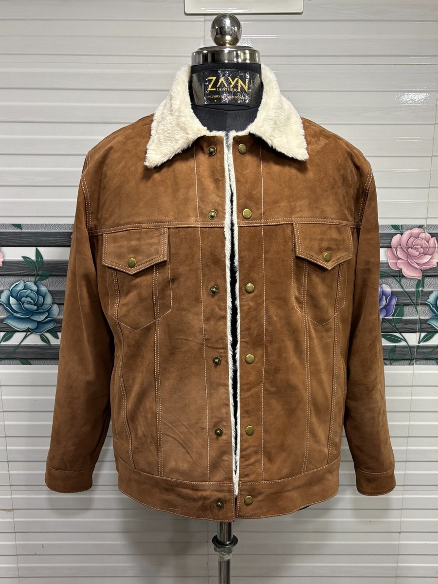 Men Shearling Faux Fur Lined Real Suede Leather Trucker Jacket