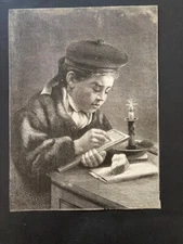 Victorian print illustration clipping boy doing his sums by candlelight