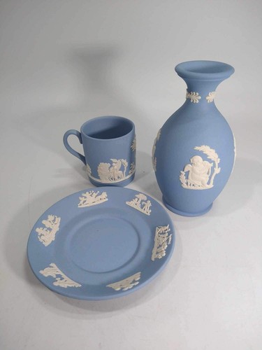 Wedgwood Blue Jasperware Demitasse Cup & Saucer Creamer/Tea Jar - Picture 2 of 6