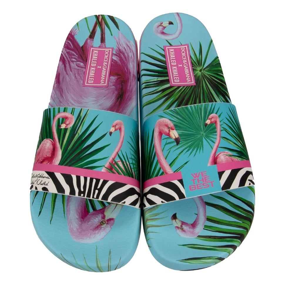 DOLCE & GABBANA x DJ KHALED Women Slides Sandals Shoes Flamingo Zebra Blue Pink - Image 3 of 4