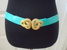 VTG DOUGLAS PAQUETTE Aqua Blue Leather Belt w/ Heavy Gold Knot Clasp