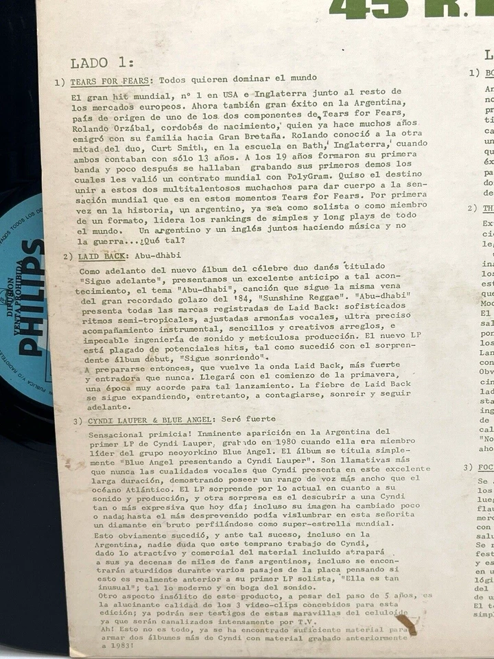 MAXI SIMPLE COMPILATION VINYL LP RECORD ARGENTINA IMPORT 1980s TEARS FOR FEARS - Image 3 of 4