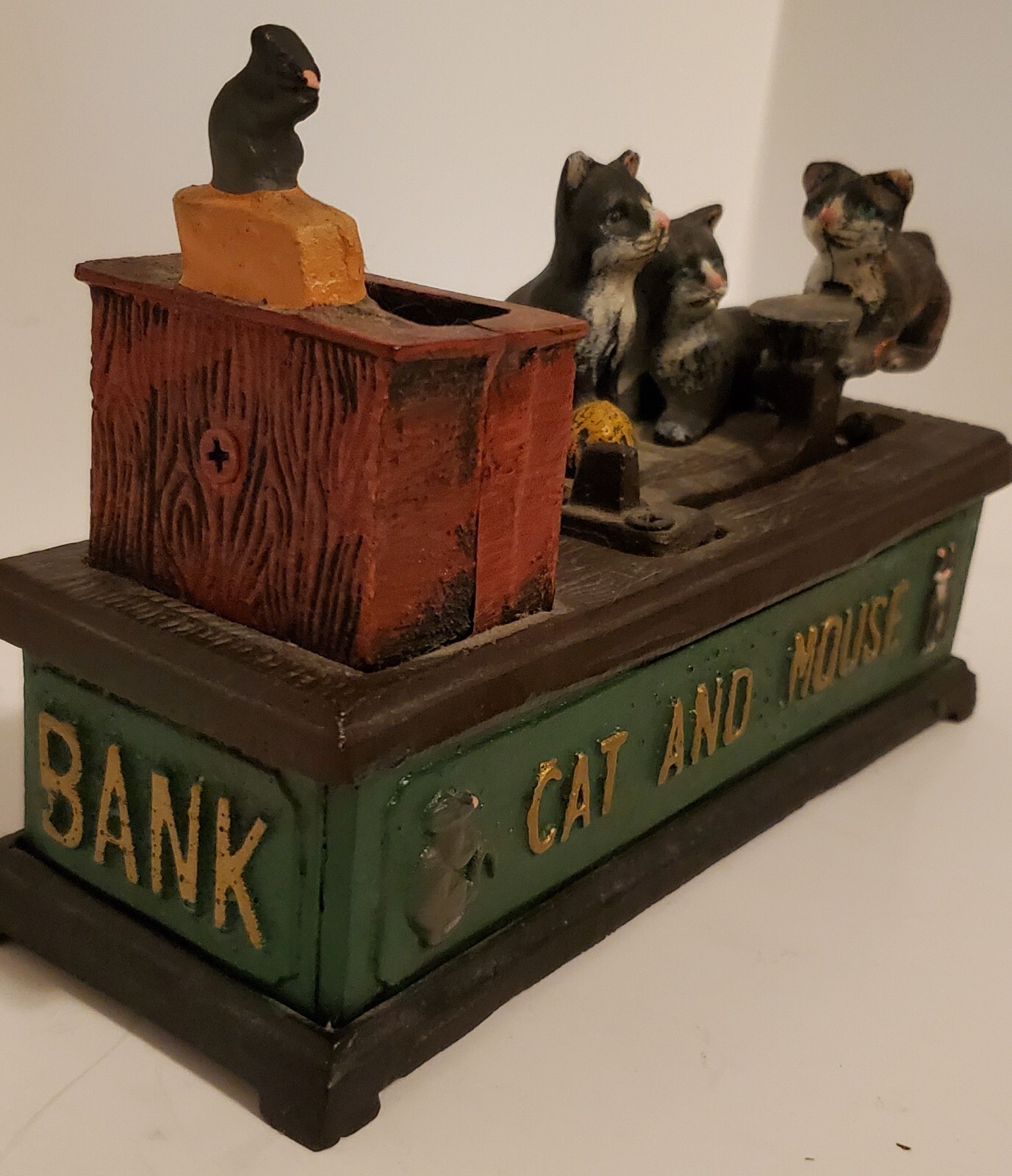 Reproduction Cast Iron three Cat and Mouse Bank/ works great! eBay