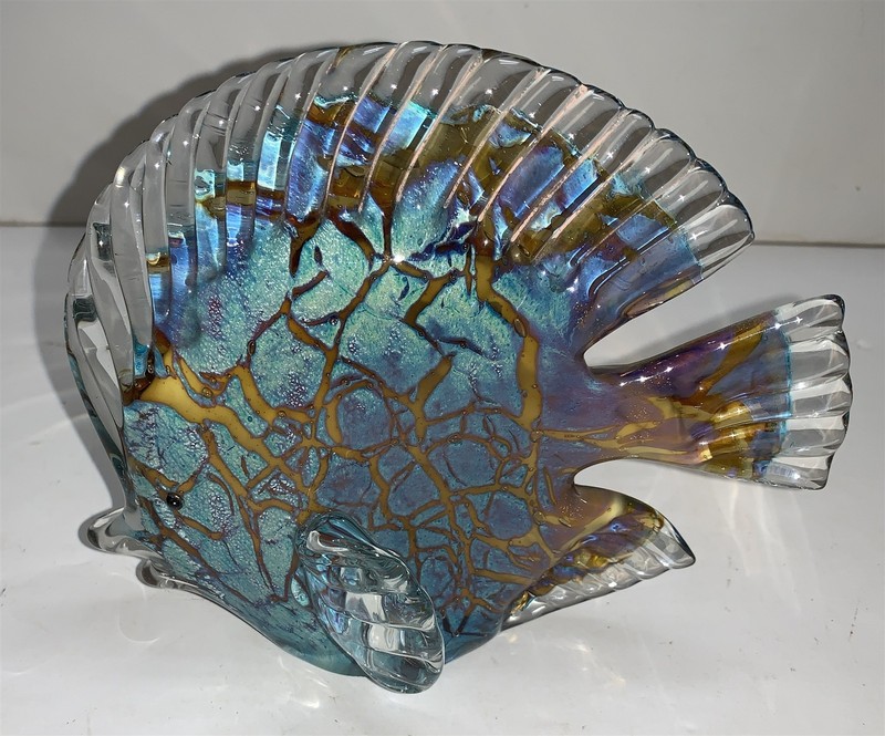 Murano Style Aqua Blue Foiled Figural Angel Fish Art Glass Decor 
