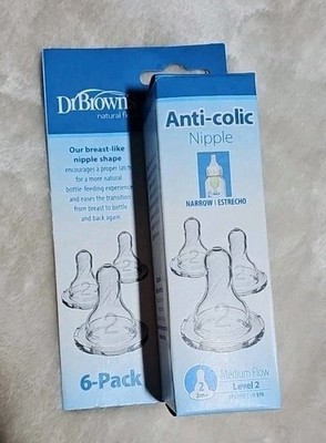 Dr Brown's Anti Colic Baby Bottle Nipple 6 Pack Narrow Level 2 Nipples Free Ship