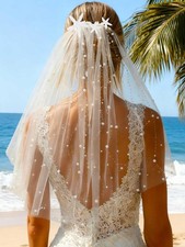 Pearl Bride Wedding Veil White Short 1 Tier Waist Length Starfish Bridal Tull...