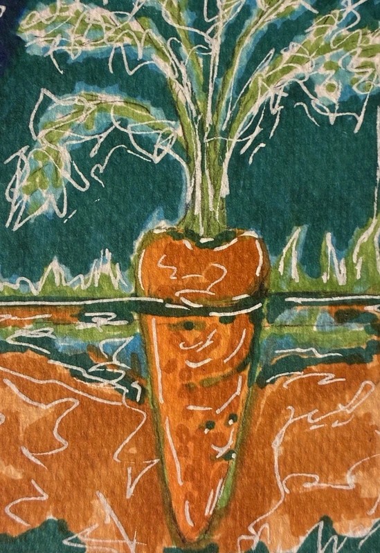 ACEO Original Carrot Garden Abstract Art Card Mini Painting Folk Art Whimsical