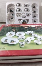Porcelain Vintage Christmas Child's Tea Set 17 Pc Bear and Tree Miniature NOS
