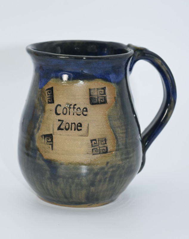 Studio Art Pottery Blue Brown Coffee Zone Mug Signed Sony 16 oz Thumb Rest