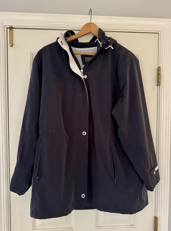 Chaqueta de lluvia Liz Claiborne para mujer con capucha azul marino y blanco, talla 1X, buen estado Foto 2 de 4