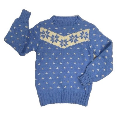Vintage Hand Knit Fair Isle Sweater blue & white snowflake pattern -28  at Chest