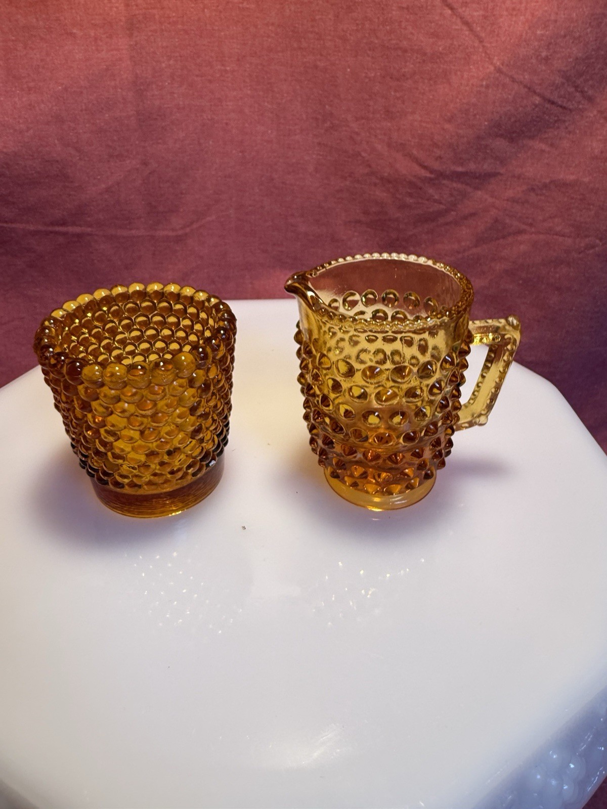 Fenton Amber Glass Hobnail Small Pitcher And Cup