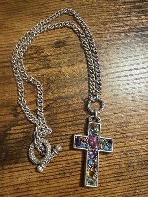 Effy Balissima Sterling Silver 18k Mosaic Multi Stone Cross Pendant Necklace 18''