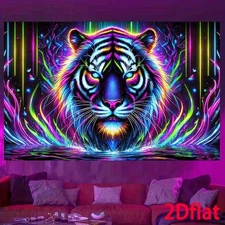 Vibrant Neon Tiger Art Tapestry - 70.8x90.5 Inch, Colorful Blacklight for galaxy