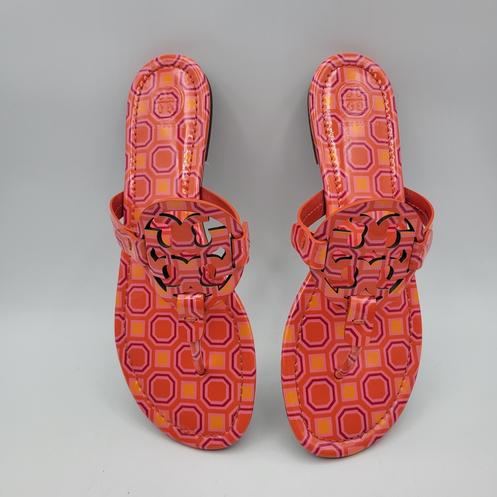 TORY BURCH Miller Sandals Vivid Orange Pink Octagon Square 40173 SZ 8.5