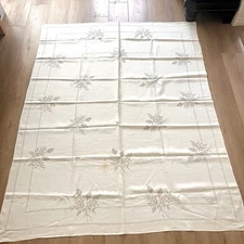 Vtg Ivory Large Rectangle Linen Tablecloth Cross Stitch Floral Pattern 57”x74”