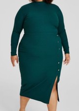Nina Parker Women's Green Ribbed Mock-Neck Button Bodycon Dress Plus Size 2X