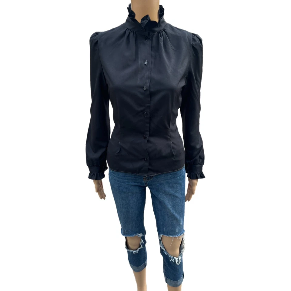 Blusa de Colección La Bene de Gasa Cuello con Volantes Años 70 Negra Camisa con Puños con Volantes - Talla S Foto 2 de 4