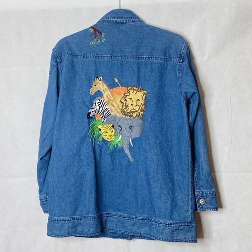 Quacker Factory Denim Blue Jacket Embroidered Wild Animals Jungle Pockets Size M - Picture 6 of 10
