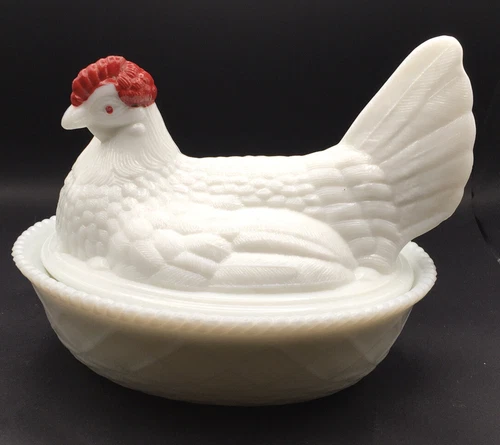 VTG White Milk Glass Hen on Nest Candy Trinket Dish Westmoreland 7 1/2" x 6 1/2"