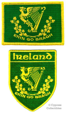 LOT of 2 IRELAND FLAG PATCH IRISH EMBROIDERED IRON-ON EIRE ERIN GO BRAGH SHIELD
