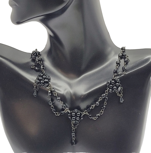 Black Faceted Crystal Bead Victorian Swag Style Dressy Costume Necklace 17 Inch - Picture 10 of 23
