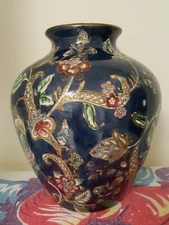 Chinese Decorative ART Vase Navy-Multicolor Raised Floral Design 9.5"H / 8"L