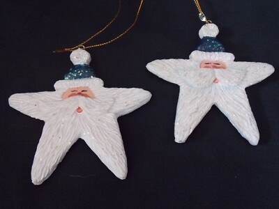 Lot Of 2 Vintage Star Shaped 5 Points Santa Face 2 Sided Christmas Ornament