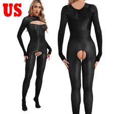 US Womens Glossy See-Through Bodystocking Open Bust Crotchless Lingerie Bodysuit