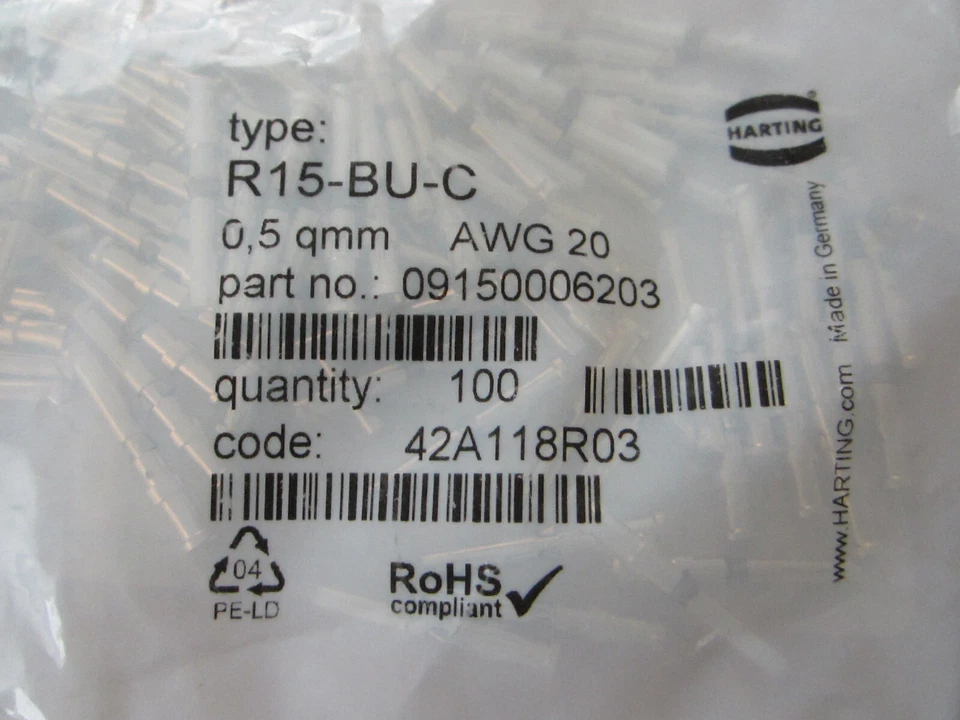 HARTING 09150006203 ZÓCALO DE CRIMPADO R15-BU-C AWG 20 *SELLADO DE FÁBRICA* LOTE DE 1OO Foto 2 de 4